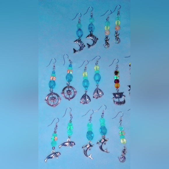 Uranium Glass Beaded Earrings Silver Charms Vintage Beads Blue Yellow Green Purp - Picture 8 of 12